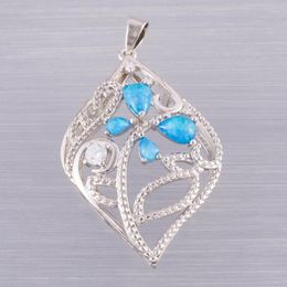 Pendant Necklaces KONGMOON Hollow Plant Butterfly Ocean Blue Fire Opal CZ Silver Plated Jewellery For Women Necklace