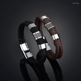 Charm Bracelets Multilayer Braided Leather Bracelet Men Stainless Steel Magnetic Clasp Trendy Woven Bangle Armband Pulsera Hombre