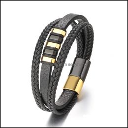 Link Chain Handmade Mtilayer Braided Leather Bracelets For Men Link Strand Fashion Magnetic Clasp Black Cord Vintage Wrist Band Rope Dhywa