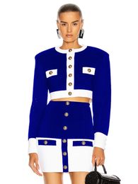 Two Piece Dress Ailigou Patchwork Blue White ONeck Long Sleeve Pocket Button Twopiece Bandage Skirt Female Set 2220827