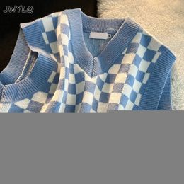 Women's Vests Knitted Vest Korean Checkerboard Print V Neck Sleeveless Women Sweater Loose Blue Black Preppy Style Pullover Sweater Women 220826