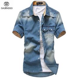 denim dress short sleeve NZ - Whole-Gradient Men Denim Shirts Short Sleeve Camisa Chambray Mens Dress Shirt Collar Button Up Men Denim Shirts Chemise239R
