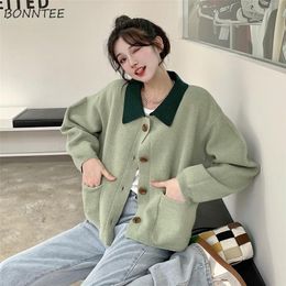 Women's Jackets Cardigans Women Panelled Knitting Pockets Turndown Collar Korean Style Sweaters Casual Allmatch Feminino Tender Cosy 220827