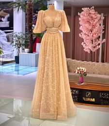 Champagne A Line Prom Dresses Half Sleeve Beading Crystal V Neck Women Gowns Sweep Train Formal Evening Dress