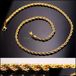 Chains Hip Hop 18K Gold Plated Stainless Steel M Twisted Rope Chain Womens Choker Necklace For Men Hiphop Jewellery Gift Drop Delivery Dhdwu