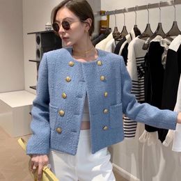 Women's Jackets Spring Korean Women's Clothes Pocket Tweed Double Breasted Ladies Coat Outerwear Blends Wool Female Elegant Luxury Jacket Top 220827