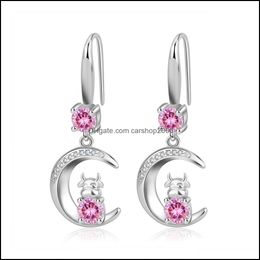 Charm Moon Cow Charms S925 Stamp Sier Earrings Blue Pink White Zircon Earring Jewellery Shiny Crystal Tassel Hoops Piercing For Women W Dhfys