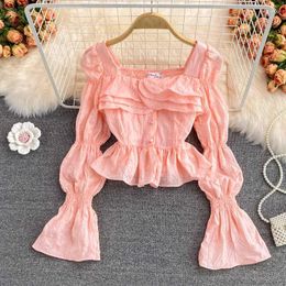 Women's T Shirts Woman Tshirts For Women Clothing Autumn Top Vintage French Sweet Pink Crop Tops Fashion Long Trumpet Sleeve Elegant Tshirt