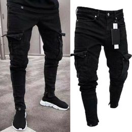 Men's Jeans Men Biker Ripped Long Denim Trousers Skinny Jeans Pants Destroyed StretchyBlack Pants 220827