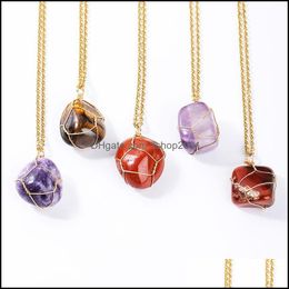 Pendant Necklaces Irregar Round Natural Stone Necklace Amethyst Lapis Rose Quartz Crystal Gold Wrap Wire Healing For Women Men Drop D Dhxiv