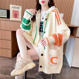 Women's Jackets DAYIUFN Hooded Knitted Sweater Cardigan Women Midlength Korean Fashion Spring Autumn Loose Oversized Top Coat Knitwear 220827