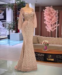 Rose Gold Sequined Mermaid Prom Dresses Sequare Neck Long Sleeve Appliqued Beading Evening Dress Wear Formal Party Gowns