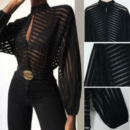 Women's Blouses Shirts Sexy Black Women Mesh Sheer Blouses Ladies Long Sleeve Striped Front Hollow Out Transparent Shirts Blusas Mujer Camisas 220826