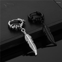 Backs Earrings Stainless Steel Feather For Man Women Korean Fashion Design Leaf Hoop Punk Ear Clip On Drop Piercing Jewelry