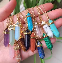 Pendant Necklaces Real Gem Pink Purple Crystal Hexagonal Reiki Point Chakra Natural Stone Pendants Necklace Women Jewellery Drop Deliver Dhd9Y