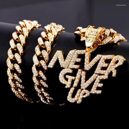 Pendant Necklaces Punk Shiny Rhinestone NEVER GIVE UP Letter Necklace For Men Women Hip Hop Iced Out Cuban Link Chain Jewelry