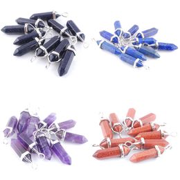 Mix Natural Healing Hexagonal Column Chakra Gems Pendant Bead Crystal Stone Pendulum For Necklace DIY 24pc BN303