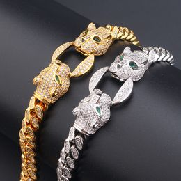 Luxury Full Diamond Two Panthere Link Chain Bracelet Hip Hop Gold Color Micro Zircon Leopard Head Design Cuba Men Women Bracelet
