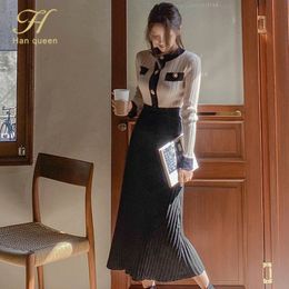 Two Piece Dress H Han Queen 2 Pieces Set Winter Women's Knitted Single Breasted Top Mid ALine Skirt Korean Simple Casual Skirt Suit 220827