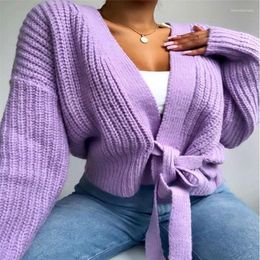 Women's Knits FUFUCAILLM Women's Sweater Solid Color V-Neck Lace Up Bow Jumpers Lattern Sleeve Loose Cardigan Female Autumn Knitted Coat