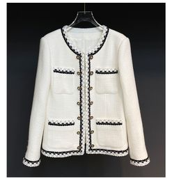 2022 Autumn Round Neck Tweed Panelled Jacket White Contrast Color 50% Wool Long Sleeve Single-Breasted Pockets Jackets Coat Short Outwear 22G186366
