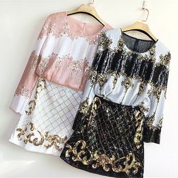 Two Piece Dress Royal Luxury Party Skirts Suits Shiny Sequined Vintage Embroidery Tops And Sparkle Golden Skirt Suits Clothing Set NS386 220827