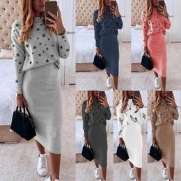 Two Piece Dress 1 Set Blouse Skirt Fivepointed Star Print High Waist Autumn Winter Bodycon Pencil Skirt Suit for Daily Wear 220827