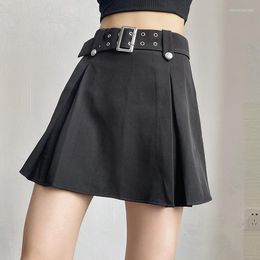 Skirts High Waist Mini Skirt Women Summer Goth Punk Solid Colour Loose Street Fashion Harajuku Belt A Line Black Brown