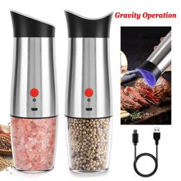 Mills USB Charging Salt and Pepper Grinder Set Gravity Spice Seasoning Mill Shaker Adjustable Coarseness Stainless Steel 220827