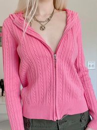 Women's Jackets Women Zip Up Crochet Hoodies Jackets Pink Colour Long Sleeve Ribbed Stretchy Casual Hooded Sweater 220827