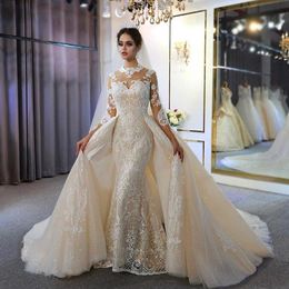 A Line Wedding Dresses Champagne Long Sleeves 2022 With Detachable Train Vintage HIgh Neck Plus Size Muslim Bridal Gown Real Pictures B0826