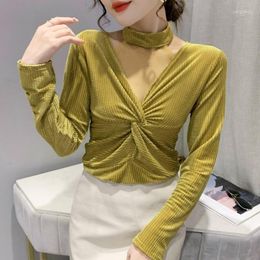 Women's T Shirts Yellow Retro Gold Velvet Bottoming Shirt Women's Autumn Winter Sexy Mesh Stitching Long-sleeved Cross-knot Top Clothing