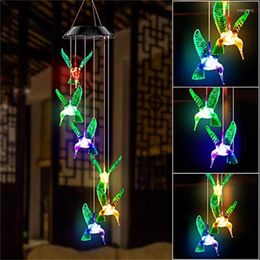Pendant Lamps LED Colourful Wind Chime Solar Power Lamp Waterproof Outdoor Crystal Hummingbird Butterfly Windchime Light For Garden Decor
