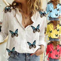 Women's Polos Fashion Butterfly Print Women S Long Sleeve Turn-down Collar Shirt Casual Tops