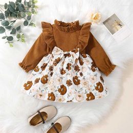 Girl Dresses Autumn Infant Ruffle Princess Baby Girls Colour Block Flower Print Sleeve Round Neck Bow Dress Holiday Casual Clothes