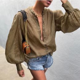 Women's Blouses Spring Autumn Solid Colour Shirt Lantern Long Sleeve Buttons Down O-Neck Fitting Wild Casual Fashion Thin See Through