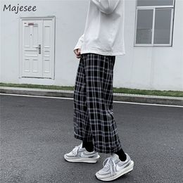 Men's Pants Casual Men Straight Harajuku Streetwear Korean Style Plaid Ankle length Elastic Waist Students Trousers All match Retro 220827