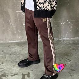 Men's Pants Brown AWGE Needles Men Women 1 1 High Quality White Stripe Track Embroidered Butterfly Staight Trousers 220827