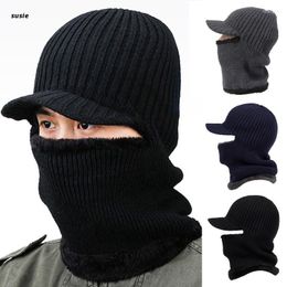 Berets Men Winter Knitted Balaclava Beanie Hat With Windproof Visor Thermal Plush Lining Neck Warmer Cycling Ski Mask Hood