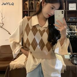 Women's Vests Korean Basic Vneck Argyle Cropped Sweater Spring Autumn Loose Sleeveless Streetwear Pullover Sweater Vest Casual Sweater Women 220826