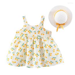 Girl Dresses 2Piece Summer Born Baby Clothes Korean Cute Cherry Cotton Sleeveless Beach Princess Dress Sunhat Toddler 2111-1