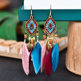 Feather Dangle Earrings For Woman Boho Flower Long Tassel Indian Earrings Jewelry Accessories