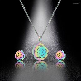 Jewelry Sets QIAMNI Colorful Rose Flower Necklace Earring Birthday Party Gift Women Stainless Steel Wedding Bridal Set Fashion Bijoux