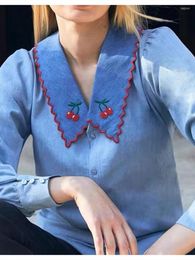 Women's Blouses Ladies Cherry Embroidery Trim Shirt Women Retro French Denim Turn-Down Collar Blouse 2022 Spring Casual Tops For Female