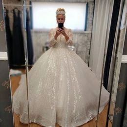 New Sexy Bling Sequined Ball Gown Wedding Dresses Long Sleeves Wedding Gowns Floor Length A Line Backless Custom Sequins White Bridal Dress