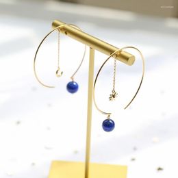 Hoop Earrings LAMOON Natural Lapis Lazuli Sun Moon Tassel Asymmetry Earring For Women 925 Sterling Silver K Gold Plated V089