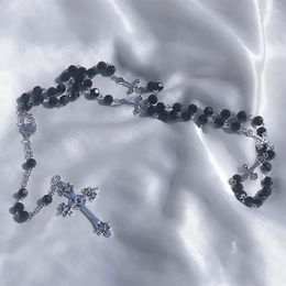 gothic rosary beads NZ - Chains Gothic Long Rosary Silver Black Cross Necklace Beaded Pendant Double Strand Style Chain