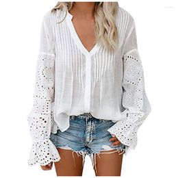 Women's Blouses Women White Office Shirt Casual V Neck Solid Colour Long Flared Sleeves Loose Womens Tops And Streetwear Tunic