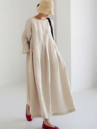 Casual Dresses Loose Maxi Dress 2022 Japanese Korean Cotton Linen O Neck Pullover Solid Long Dess Hem Robe Vestidos Mujer Summer