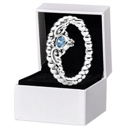 NEW Blue Tiara Ring Authentic Sterling Silver Women Wedding Jewelry girlfriend Gift for pandora Crown Rings with Original box Set